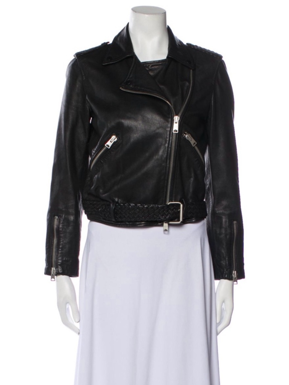 AllSaints Black Braided-Belt Leather Biker Jacket